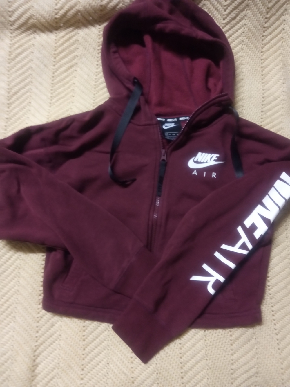 Nike Burgundy Hooded Zip Cropped Sweatshirt with White Logo